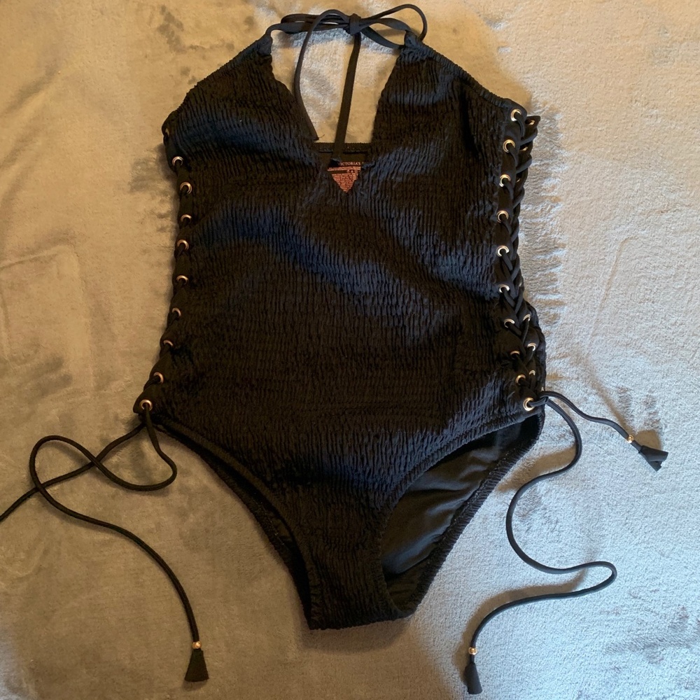 RARE Victoria's Secret Swim Black One Piece Side Tie Lace Up Smocked - Picture 3 of 16